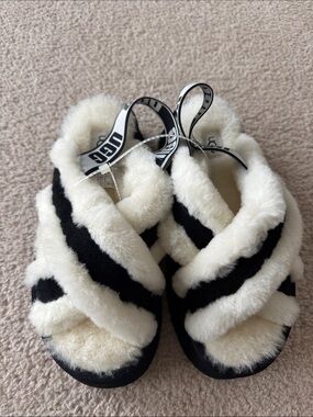 UGG Fluff Slide Sandals - Black & White Faux Fur